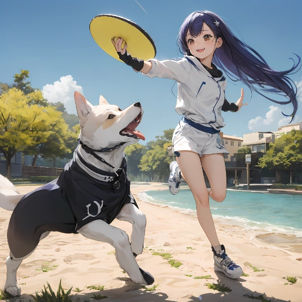 晴れた日のフリスビーゲーム：人と犬の絆