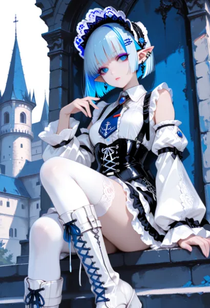 城壁に佇む青髪エルフ