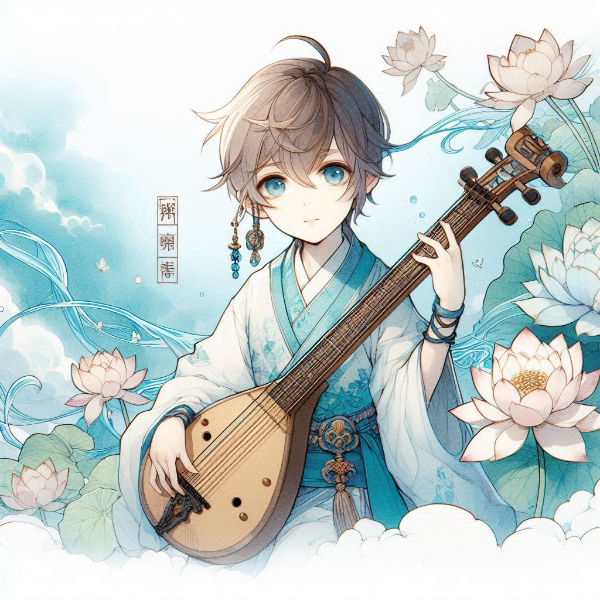 楽器を持つ少年と蓮