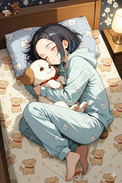 子犬を抱きしめて朝の夢