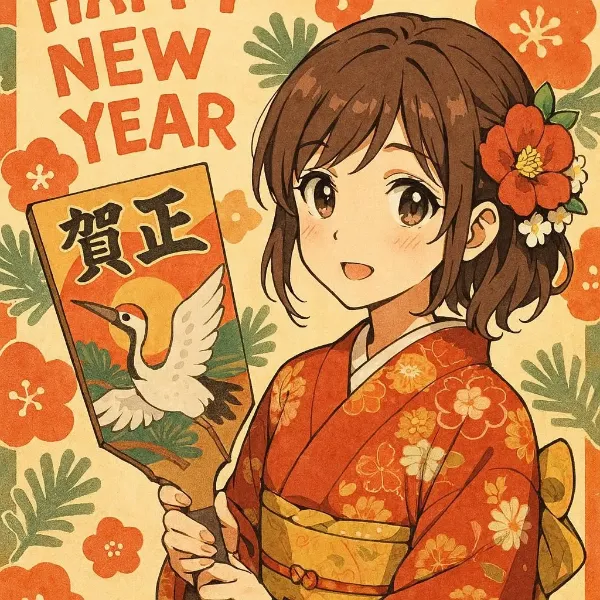 新年の鶴が舞う、少女の賀正の微笑み