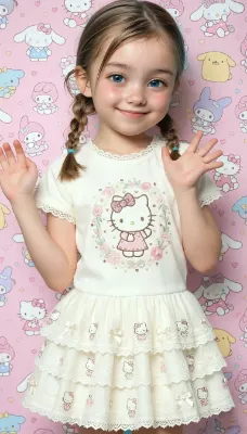 キティちゃんTシャツとレースティアードスカートのサンリオコーデ