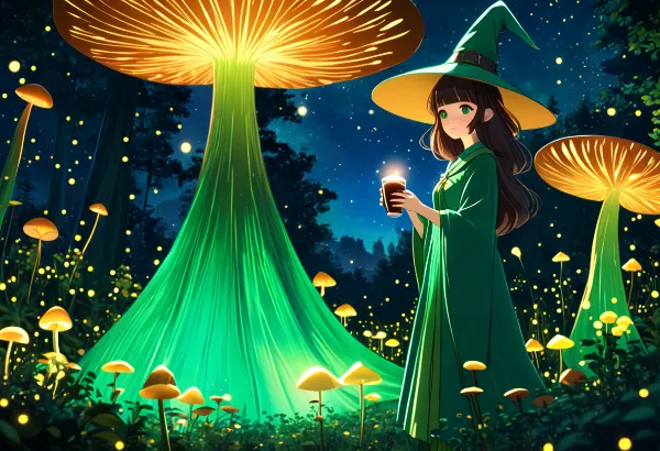 輝くキノコの森で魔女のひと休み