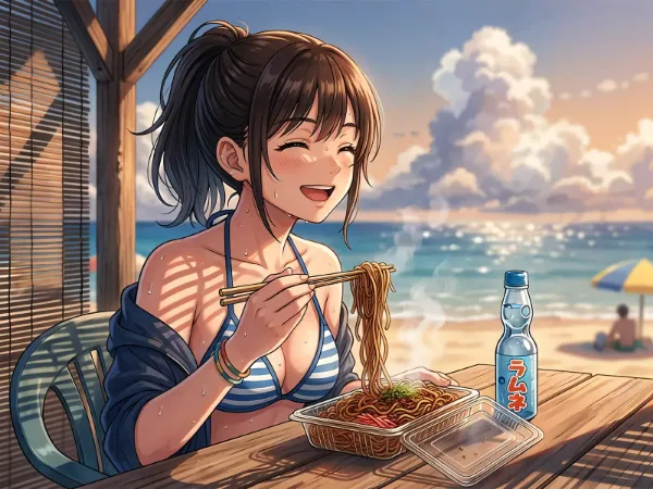 汗だくビーチで焼きそば女子