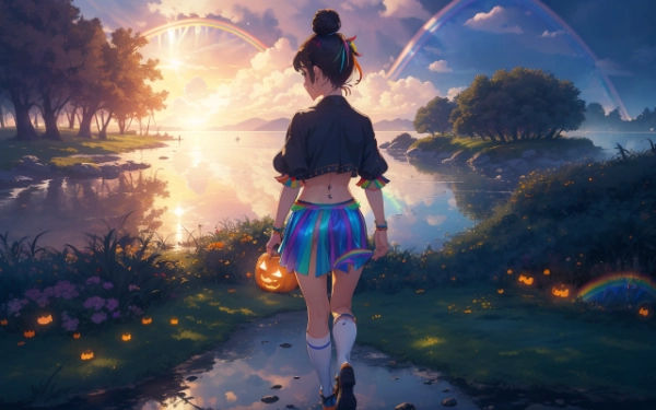 ハロウィンと虹の風景