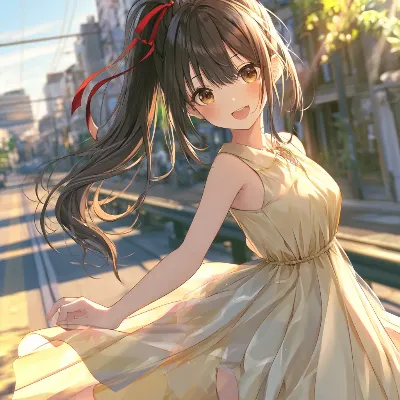 夏風に舞う黄色いドレスと赤いリボン