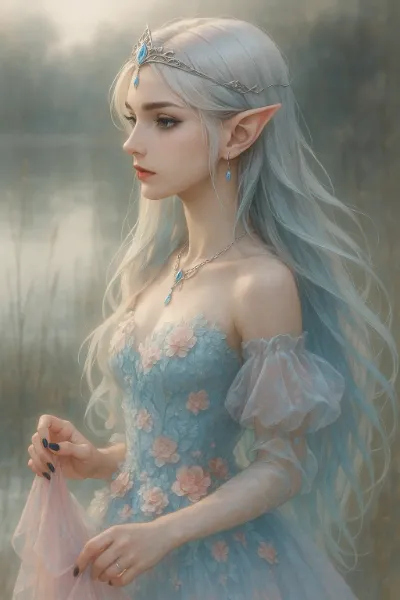 湖畔に佇む銀髪のエルフ姫