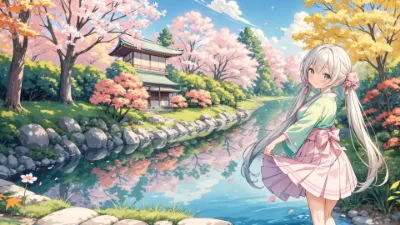 美しい四季の庭で微笑む少女