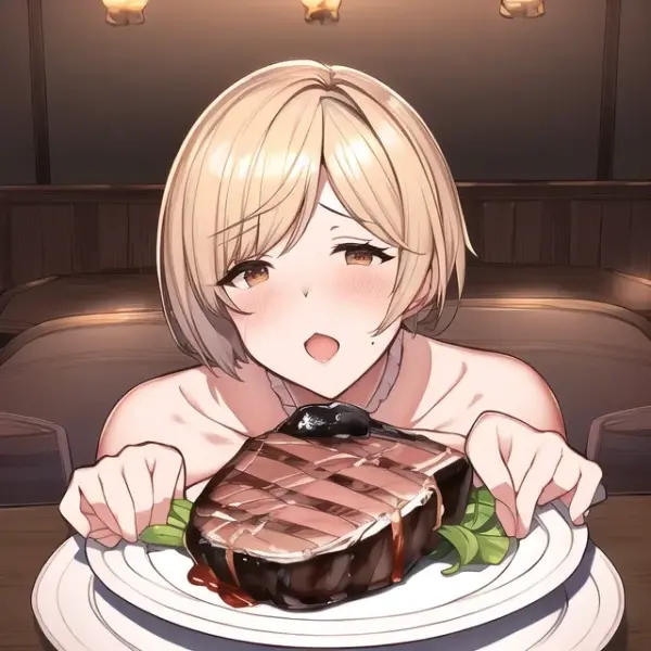 ステーキを目の前にして色っぽく興奮しているジータちゃん