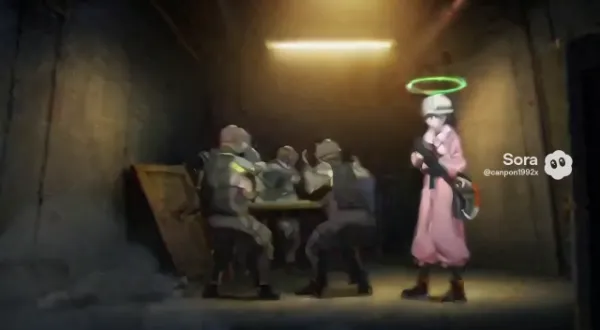 アジトに突入するブルーアーカイブのホシノ