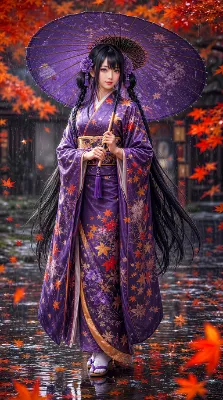 紅葉の雨と紫の着物の美少女