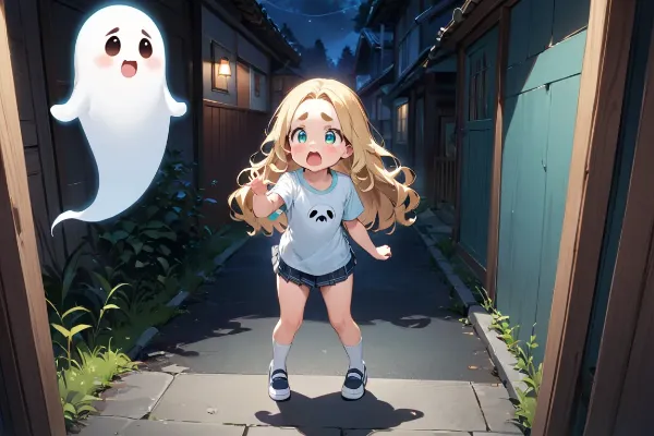 お化けを見て驚いているおでこちゃん