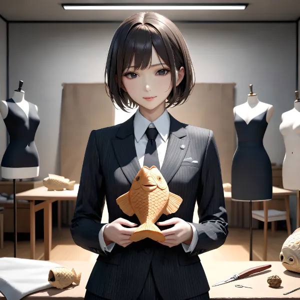 魚を持つスーツの女性