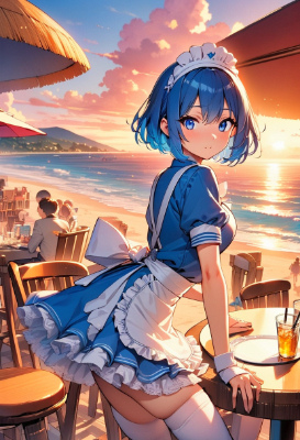 夕暮れの青髪ウエイトレスさん