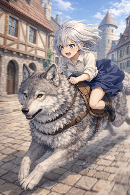 フィオラちゃんと巨大な狼のグラウ