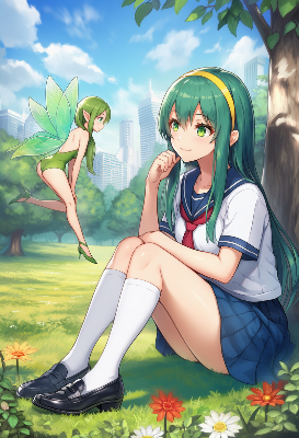 緑髪少女と小さな妖精