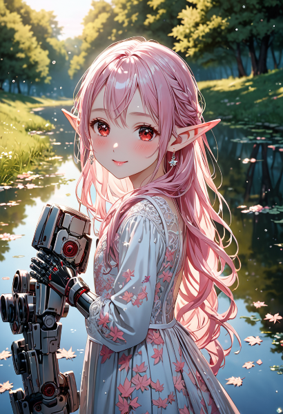 機械の腕を持つ森のエルフ少女