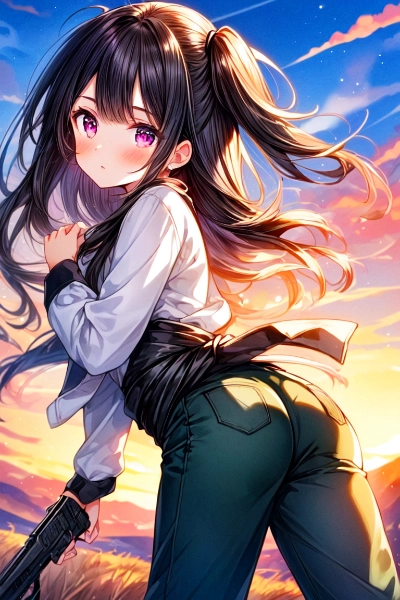 夕日と長ズボンのうちの子(2枚)