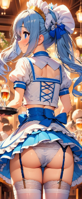 かわいい後ろ姿の青髪ウエイトレスさん