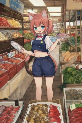 お魚屋さんの看板猫娘