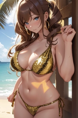 金色のビキニ水着のお姉さん①