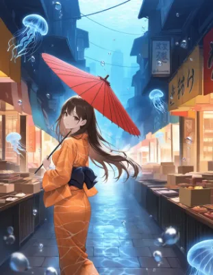 クラゲ舞う水中市場の浴衣少女