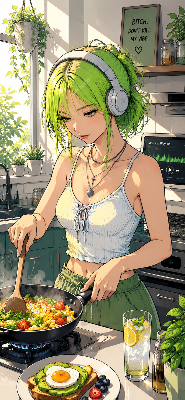 音楽聴きながら料理するライムちゃん💚