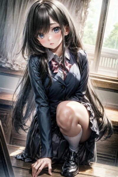 片膝立ちの黒髪女子高生