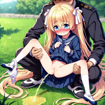 セーラー服姿の金髪少女が外でおしっこ
