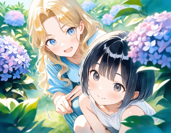 黒髪＆ブロンド・紫陽花が咲いた