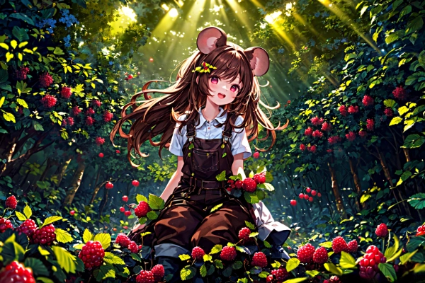 元気なネズミの木いちご摘み