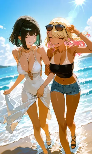 浜辺にギャル二人