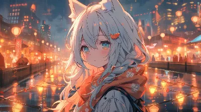 雨の夜市に微笑む銀猫