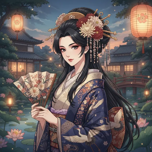 夕暮れの蓮池に舞う鶴の姫