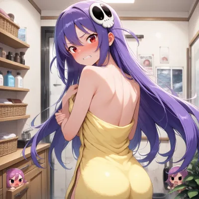 浴室で振り返る紫髪少女
