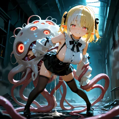 エルフの女の子達と朽ちた倉庫の触手系モンスター2