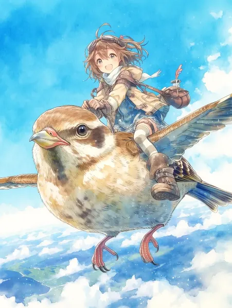 空飛ぶスズメと少女の冒険。