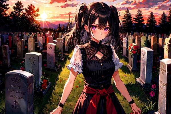 【再投稿版】墓参りをする、うちの子 -涙の記憶、夕空に浮かぶ-（26枚）