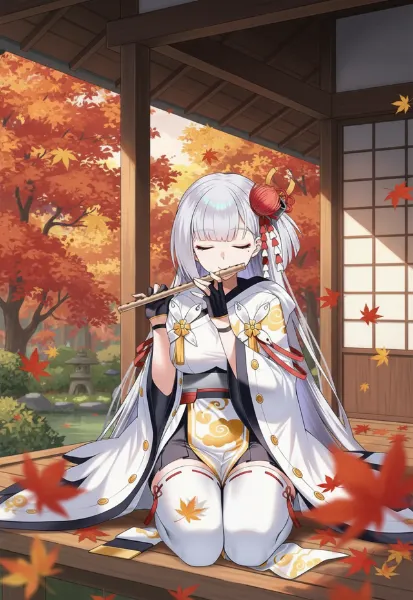 秋の紅葉が落ちる中で軒下で横笛を吹くアズールレーンの翔鶴