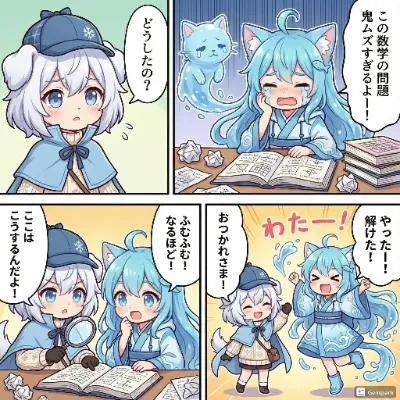 アクアちゃんのために数学の問題を手伝うペロちゃん！