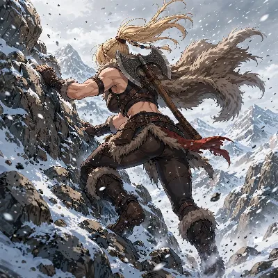吹雪の絶壁を登る戦斧の女