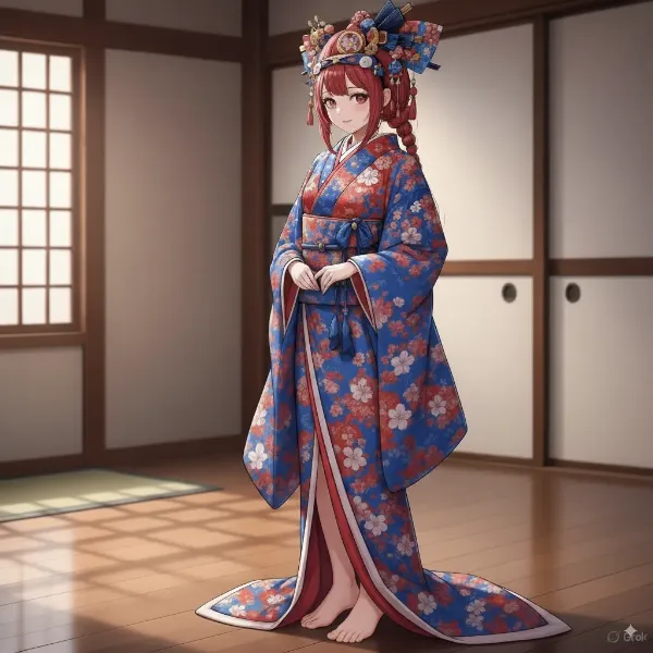 花咲く着物の優雅な美女