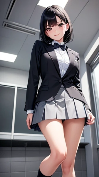 黒ジャケ×グレーのプリーツスカート女子高生