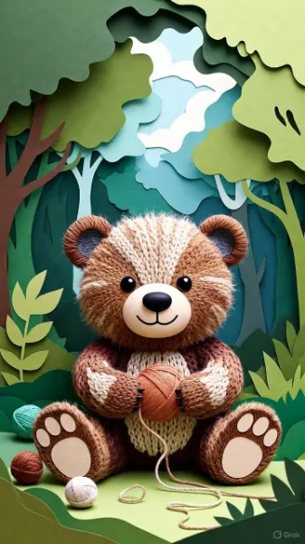 森のクマ(レイヤードペーパーアート+編みぐるみ)