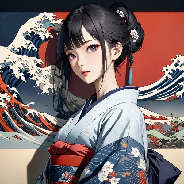 波に寄り添う着物美女