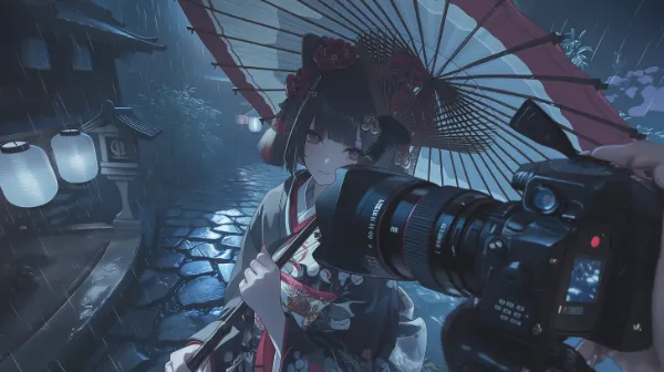 雨夜の着物少女と運命のシャッター