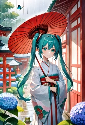 雨の神社と和傘の巫女さん