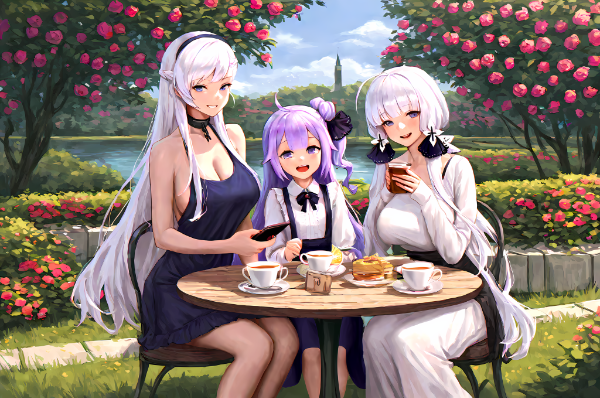 仲良く庭園でティータイムする3人🫖