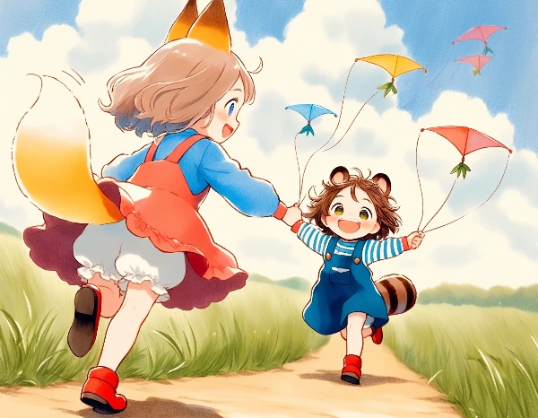 コン子とポン子・凧揚げをした