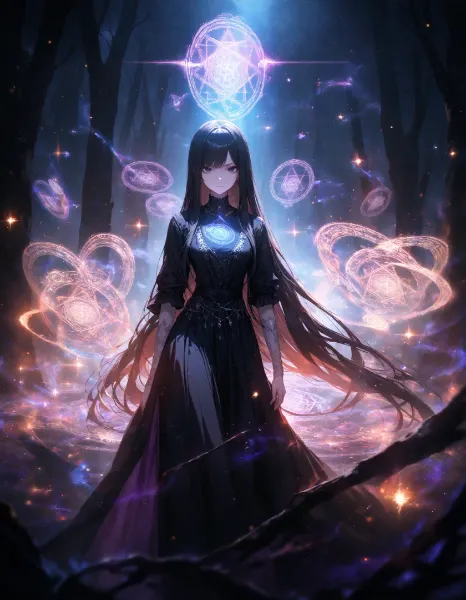 黒髪女性・魔法陣